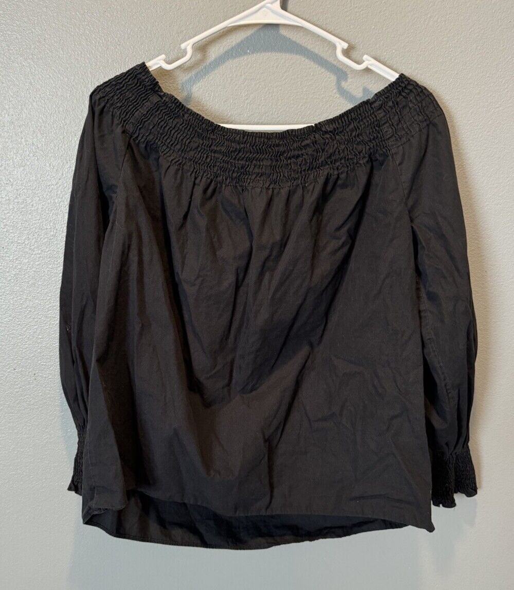 Zara Off The Shoulder Blouse Women's Medium Black 100% Cotton Smocked Cottage